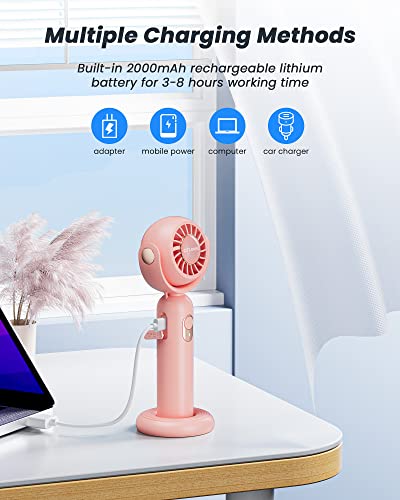 Otlonpe Handheld Fan, Mini Portable Fan[Hand Desk Neck 3 IN 1], Turbo Hand Held Fan 130°Rotatable Rechargeable Personal Fan, Small Hand Fan with 3 Speeds/Base/Lanyard for Travel Outdoor Home Office