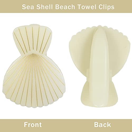 Kirmoo 4 Pieces Sea Shell Beach Towel Clips for Beach Pool Chairs Blankets Cruise Jumbo Size Portable Towel Holders Beach Accessories Clothes Pins Pegs for Clothes Quilt Blanket (Sea Shell)