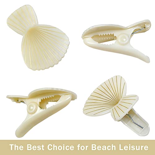 Kirmoo 4 Pieces Sea Shell Beach Towel Clips for Beach Pool Chairs Blankets Cruise Jumbo Size Portable Towel Holders Beach Accessories Clothes Pins Pegs for Clothes Quilt Blanket (Sea Shell)