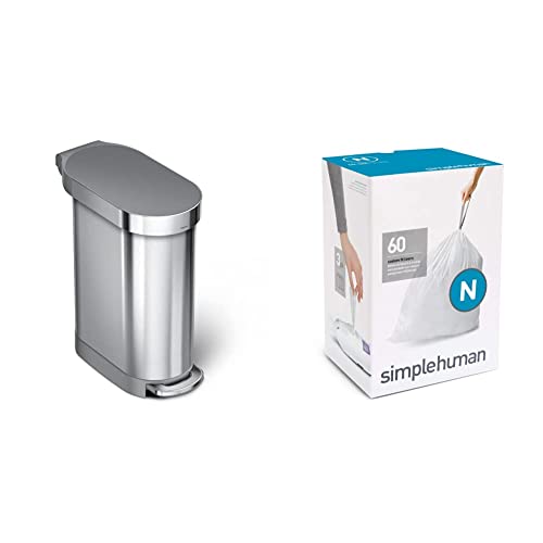 simplehuman 45 Liter / 12 Gallon Slim Hands-Free Kitchen Step Trash Can, Brushed with Plastic Lid & CW0262 3 x paquete de 20 bolsas de basura a medida (60 bolsas), código N, plástico Blanco