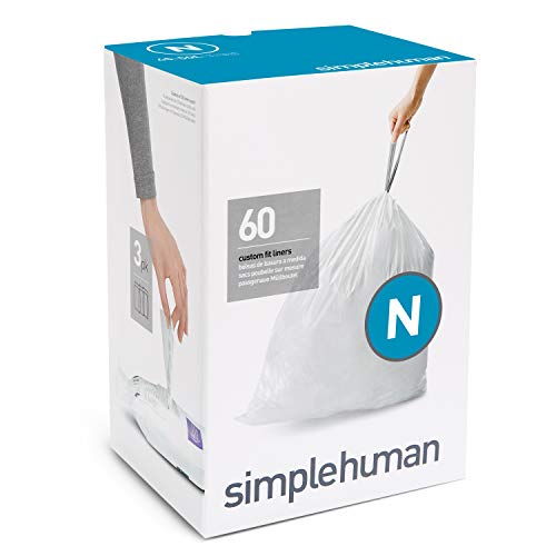 simplehuman 45 Liter / 12 Gallon Slim Hands-Free Kitchen Step Trash Can, Brushed with Plastic Lid & CW0262 3 x paquete de 20 bolsas de basura a medida (60 bolsas), código N, plástico Blanco