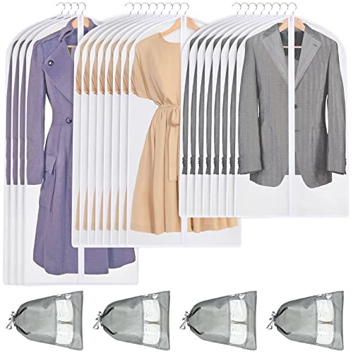 Shappy 20 Pcs Clear Garment Bag for Clothes Hanging Suit Bags Storage Lightweight PEVA Dust Cover Breathable Full Zipper Closet with 4 Drawstring Travel Shoe Organizer