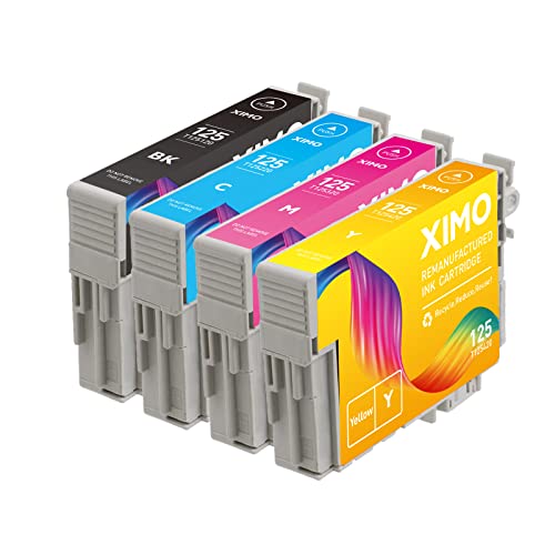 XIMO Remanufactured Ink Cartridge Replacement for Epson 125 T125 for Stylus NX125 NX127 NX230 NX420 NX530 NX625 Workforce 320 323 325 520 Printer，4 Pack (1 Black 1 Cyan1 Magenta 1 Yellow),