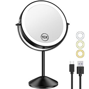 gospire 8 inch lighted makeup mirror, 3 color lights & stepless dimming led vanity mirror, 1x/10x double sided magnifying rechargeable cosmetic mirror, 360° free rotation cordless standing mirror
