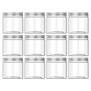 holevifo 14oz (420ml 12 pack) empty clear wide mouth plastic jars with silver screw lids and labels - round pet containers for food storage and dry goods,craft and more - bpa free