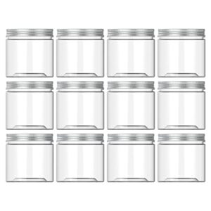 HoleviFO 14oz (420ml 12 Pack) Empty Clear Wide Mouth Plastic Jars with Silver Screw Lids and Labels - Round PET Containers for Food Storage and Dry Goods,Craft and More - BPA Free