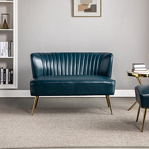 HULALA HOME Contemporary Loveseat Sofa with Metal Legs, Upholstered PU Faux Leather 2-Seat Small Couch, Armless Love Seats Chairs for Bedroom, Living Room, Office, Apartment, Small Space/Turquoise