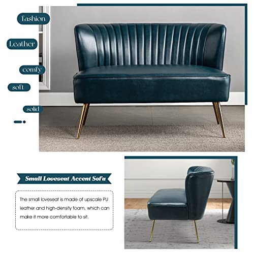 HULALA HOME Contemporary Loveseat Sofa with Metal Legs, Upholstered PU Faux Leather 2-Seat Small Couch, Armless Love Seats Chairs for Bedroom, Living Room, Office, Apartment, Small Space/Turquoise