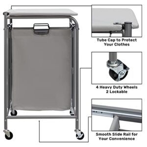 HollyHOME Laundry Hamper with Shelf 3 Section Laundry Sorter Cart with Wheels and Ironing Board Laundry Basket Shelf Organizer with Table Top 2 Drawers Grey