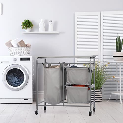 HollyHOME Laundry Hamper with Shelf 3 Section Laundry Sorter Cart with Wheels and Ironing Board Laundry Basket Shelf Organizer with Table Top 2 Drawers Grey