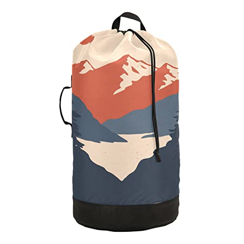 Mountains Sunset Laundry Backpack with Adjustable Shoulder Straps Heavy Duty Dirty Clothes Organizer Drawstring Closure Laundry Bag for College Dorm Travel Camp