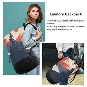 Mountains Sunset Laundry Backpack with Adjustable Shoulder Straps Heavy Duty Dirty Clothes Organizer Drawstring Closure Laundry Bag for College Dorm Travel Camp