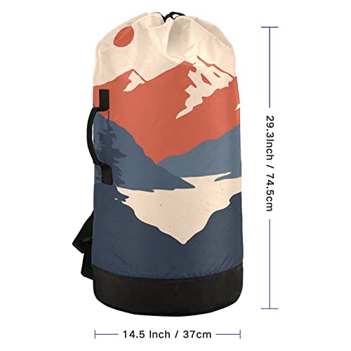 Mountains Sunset Laundry Backpack with Adjustable Shoulder Straps Heavy Duty Dirty Clothes Organizer Drawstring Closure Laundry Bag for College Dorm Travel Camp