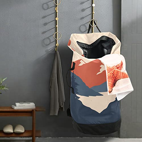 Mountains Sunset Laundry Backpack with Adjustable Shoulder Straps Heavy Duty Dirty Clothes Organizer Drawstring Closure Laundry Bag for College Dorm Travel Camp