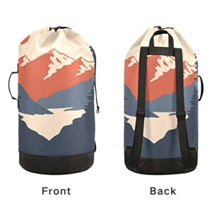 Mountains Sunset Laundry Backpack with Adjustable Shoulder Straps Heavy Duty Dirty Clothes Organizer Drawstring Closure Laundry Bag for College Dorm Travel Camp