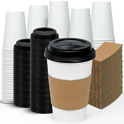 Ginkgo [100 Pack 16 oz Disposable Coffee Cups with Lids and Sleeves - To Go Coffee Cups for Hot & Cold Drinks