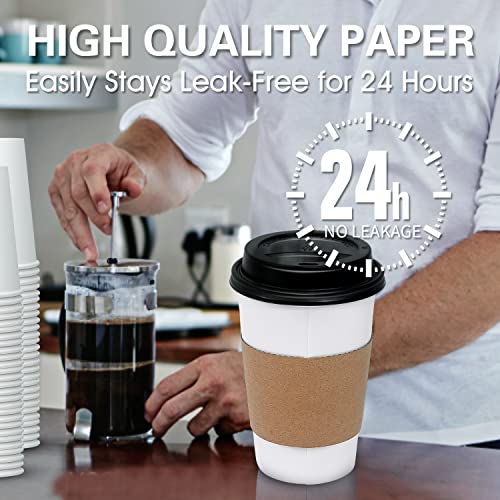 Ginkgo [100 Pack 16 oz Disposable Coffee Cups with Lids and Sleeves - To Go Coffee Cups for Hot & Cold Drinks