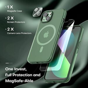 TAURI [5 in 1 Magnetic Case for iPhone 13 [Military Grade Drop Protection] with 2X Tempered Screen Protector +2X Camera Lens Protector, Translucent Matte Slim Fit iPhone 13 Mag-Safe Case 6.1”-Green