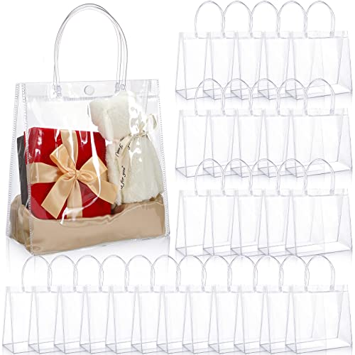 Saintrygo 80Pcs Clear Plastic Gift Bags with Handles Small Transparent PVC Gift Bags Reusable Tote Bags for Shopping Wedding Favor(7.9 x 7.9 x 3.2 Inch)