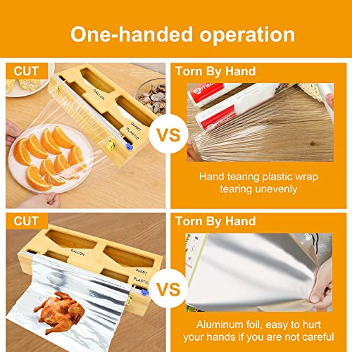 SHANGYIREN 3 in 1 Foil and Plastic Wrap Organizer with Sandwich Bag Plastic Wrap Dispenser with Cutter Ziplock Bag Organizer Kitchen Organization and Storage Bamboo Aluminum Foil Dispenser