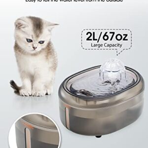 WOPET Cat Water Fountain, 67oz/2L Automatic Cat Water Dispenser Pet Water Fountain, W300 Silent Pet Waterfall Drinking Fountain with 1 Replacement Filter for Cats, Dog, Small Pets Without Light, Gray