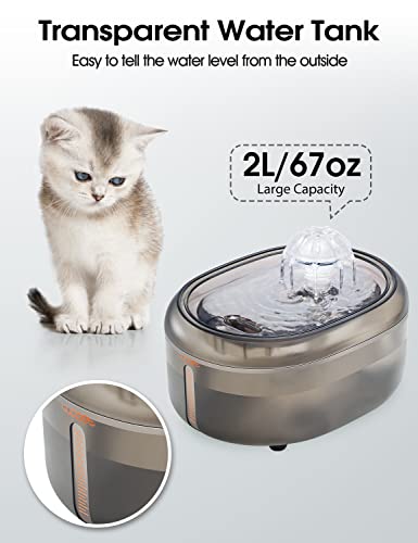 WOPET Cat Water Fountain, 67oz/2L Automatic Cat Water Dispenser Pet Water Fountain, W300 Silent Pet Waterfall Drinking Fountain with 1 Replacement Filter for Cats, Dog, Small Pets Without Light, Gray