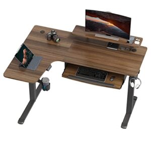 eureka ergonomic l shaped standing desk with keyboard tray, 61 inch electric height adjustable computer desk, dual motor sit stand desk, stand up corner gaming table with rgb monitor stand,walnut/left
