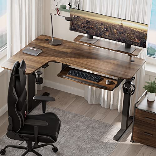 EUREKA ERGONOMIC L Shaped Standing Desk with Keyboard Tray, 61 Inch Electric Height Adjustable Computer Desk, Dual Motor Sit Stand Desk, Stand Up Corner Gaming Table with RGB Monitor Stand,Walnut/Left