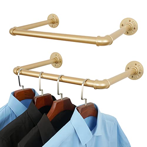 AddGrace Industrial Pipe Clothing Rack 20.5" Gold Clothing Rack DIY Heavy Duty Garment Rack 2Pack Wall Mounted Clothes Rack Closet Rod for Hanging Clothes (Gold) 52cm