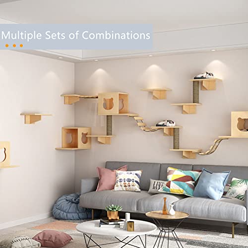 Cat Wall Shelves, Cat Wall Furniture, Cat Shelves and Perches for Wall, Cat Wall Steps Set with 2 Cat Condos House, 6 Cat Wall Shelves, 2Ladder, 1 Sisal Cat Scratching Post