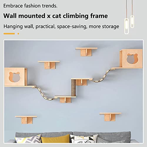 Cat Wall Shelves, Cat Wall Furniture, Cat Shelves and Perches for Wall, Cat Wall Steps Set with 2 Cat Condos House, 6 Cat Wall Shelves, 2Ladder, 1 Sisal Cat Scratching Post