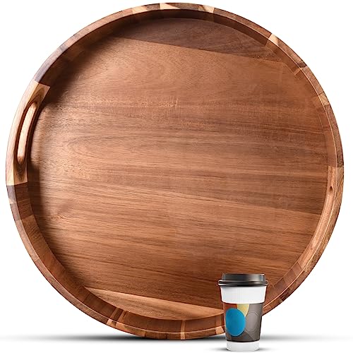 Extra Large Round Serving Tray | 20INCH | Heavy Duty Acacia Wood Trays for Big Ottoman Coffee Table Counter Giant Decorative Organizer Tray | Huge Kitchen Serveware Cheese Board Charcuterie Tray