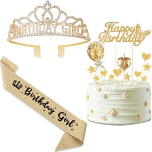 histock happy birthday decoration set for girl, birthday girl gold sash crown tiara candles cake topper birthday party favors for girl girlfriend daughter