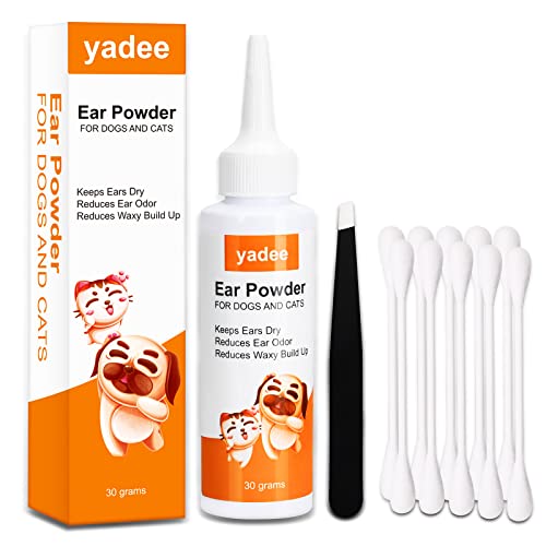 yadee Dog Ear Powder, Ear Hair Removal for Dogs Cats, 30gm Ear Cleaner Fresh Powder with Tweezers & Large Cotton Swabs, Remove Ear Wax & Odor for Pets