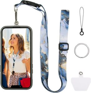 dutyway cell phone lanyard, universal crossbody adjustable detachable neck strap, durable cool black marble compatible with most smartphones badge key card holder for men women (4-piece set)