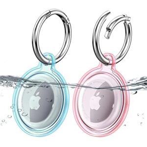 2 pack ipx8 waterproof airtag keychain holder case, lightweight, anti-scratch, easy installation,soft full-body shockproof air tag holder for luggage,keys, dog collar (pink+blue)