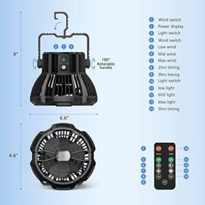 Camping Fan for Tents,Remote Control Camping Fan Rechargeable Battery Operated USB with Light,Power Bank,Portable Tent Fan for Outdoor Picnic,BBQ,Fishing Hiking…