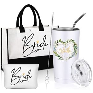 coume 3 pieces bride canvas tote bag with makeup bag bride tumbler cup stainless steel drink cup bride wedding gift bag bachelorette gifts for wedding bride engagement honeymoon