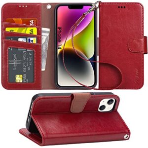 arae compatible with iphone 14 case wallet flip cover with card holder and wrist strap for iphone 14 6.1 inch-wine red