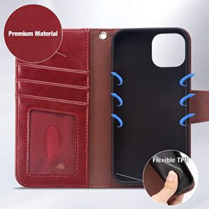 Arae Compatible with iPhone 14 Case Wallet Flip Cover with Card Holder and Wrist Strap for iPhone 14 6.1 inch-Wine Red