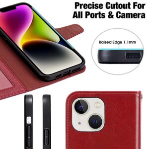 Arae Compatible with iPhone 14 Case Wallet Flip Cover with Card Holder and Wrist Strap for iPhone 14 6.1 inch-Wine Red