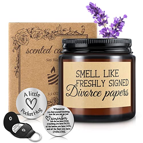 Coume 3 Pcs Divorce Lavender Scented Candle Gifts for Women Funny Candles Pocket Hug Token and PU Leather Keychain Breaking up Friends Sister Coworker Men Female