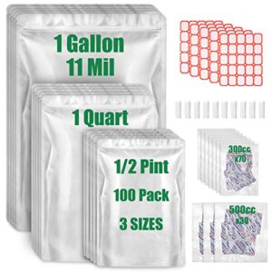 11 mil 100 mylar bags for food storage with oxygen absorbers 500cc & 300cc, mylar bags 1 gallon, 1 quart, 1/2 pint, stand-up zipper resealable bags & heat sealable food storage bags + labels