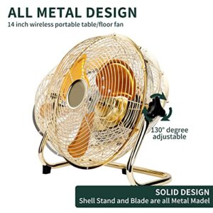 CYBERDAX 14 Inch Portable Golden All Metal Made Table Fan, Wireless Rechargeable Fan with Solar Panel Powered and AC Charger Dual Input for Indoor Housing, Office, Camping, Fishing Outdoors