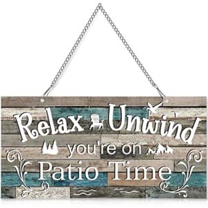 10 x 5 inch patio wall decor hanging wall art metal plaque signs vintage balcony decor retro patio accessories relax unwind you're on patio time with chain for home pub(white words with vivid base)