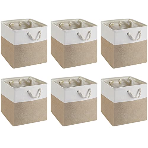 6 Pieces Cube Storage Bins Small Foldable Storage Cube Baskets with Sturdy Carry Handles Multipurpose Storage Cube Baskets Organizer Bin for Home, Office, Nursery (White, Light Brown, 13 x 13 Inch)