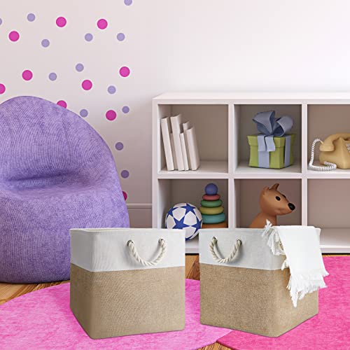 6 Pieces Cube Storage Bins Small Foldable Storage Cube Baskets with Sturdy Carry Handles Multipurpose Storage Cube Baskets Organizer Bin for Home, Office, Nursery (White, Light Brown, 13 x 13 Inch)