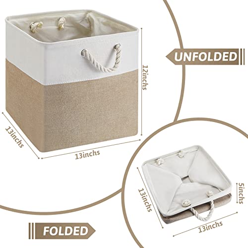 6 Pieces Cube Storage Bins Small Foldable Storage Cube Baskets with Sturdy Carry Handles Multipurpose Storage Cube Baskets Organizer Bin for Home, Office, Nursery (White, Light Brown, 13 x 13 Inch)