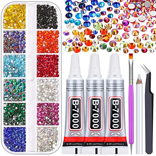 Rhinestones Adhesive Glue for Fabric, 2100Pcs 12 Color Craft Rhinestones Flatback with B7000 Glue Adhesive, Glass Gemstones with Tweezers for Craft, Jewelry, Makeup, Cloth Shoes and Nail Art