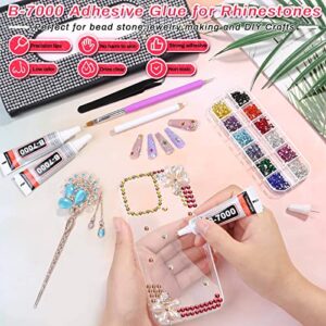 Rhinestones Adhesive Glue for Fabric, 2100Pcs 12 Color Craft Rhinestones Flatback with B7000 Glue Adhesive, Glass Gemstones with Tweezers for Craft, Jewelry, Makeup, Cloth Shoes and Nail Art